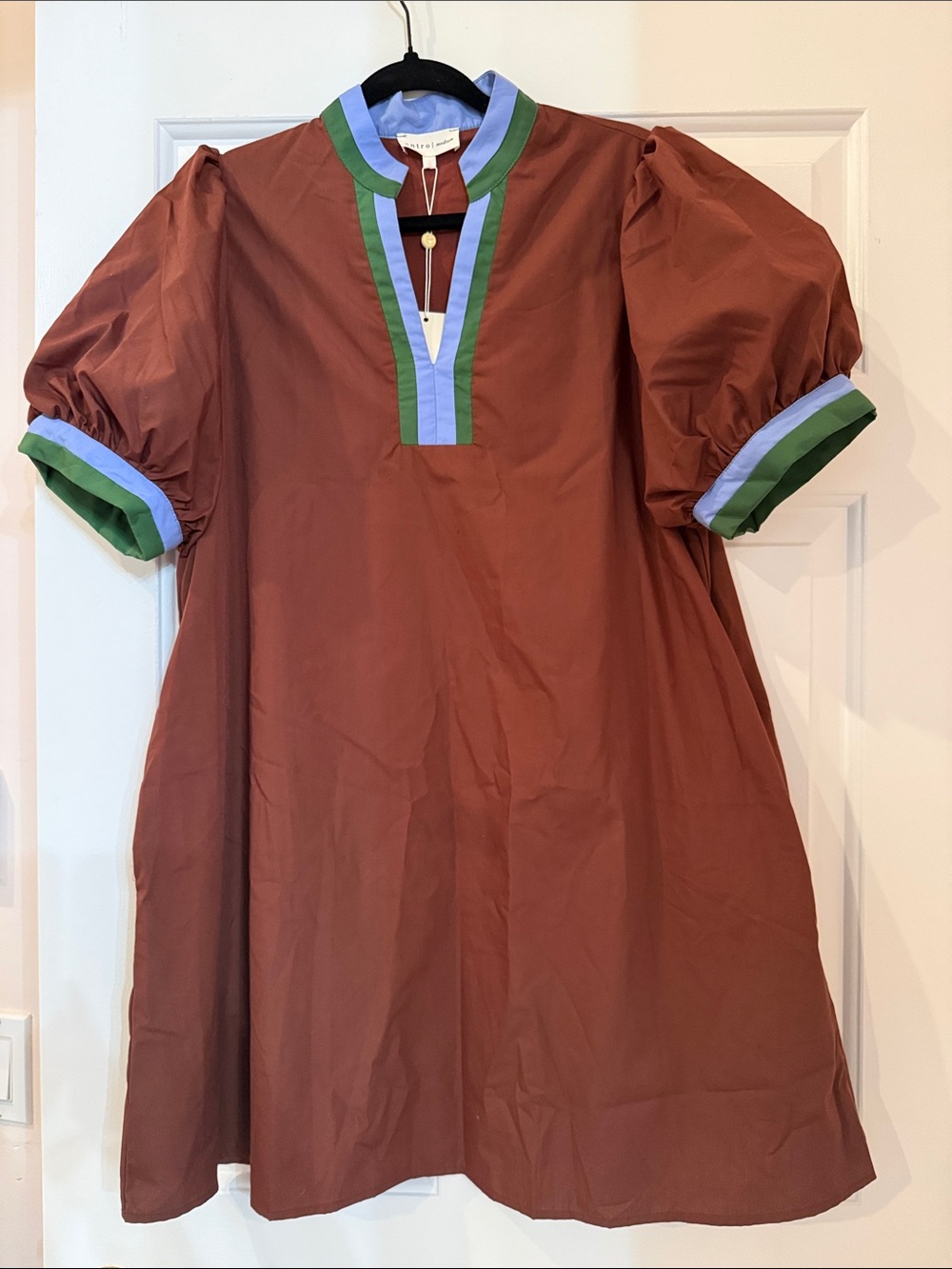 entro Rust Poplin Button-Down Tunic with Green & Light Blue Trim
